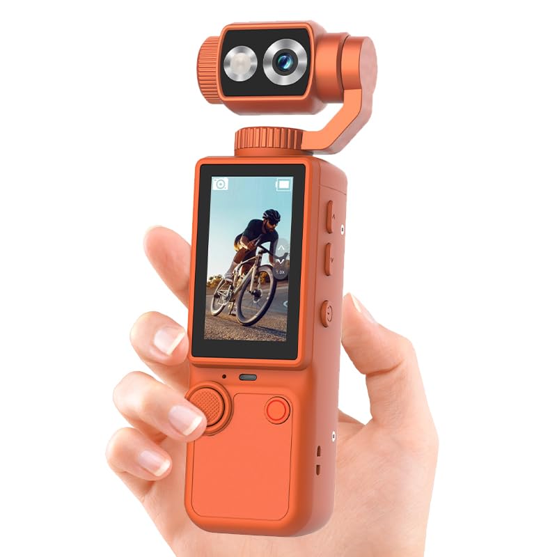 Q8 Fotocamera Vlog Portatile con Obiettivo Ruotabile a 180°, Fotocamera Digitale 1080p per Foto e Video, Schermo IPS 2,0", Auto Focus, 2000mAh, Include Scheda 32GB, Treppiede e Cordino (Arancione)