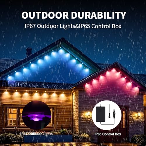 Image of 100FT Permanent Outdoor Lights, IP68 Waterproof Outdoor RGBW LED Eaves Lights 50LEDs with Smart App Control, Music Synchronization for Christmas Garden Party Holiday House Decorations