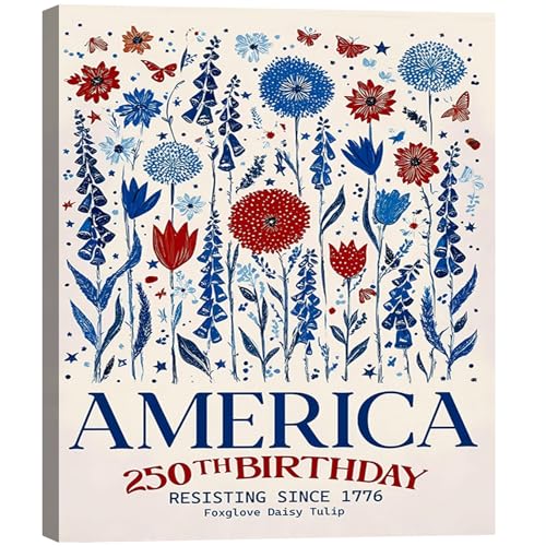 Image of RIBNTAK Vintage Patriotic America 250th Birthday Wall Decor, 1776 Floral Canvas Prints, 4th of July Wildflower Art, Red White Blue Pictures for Kitchen, Office, Rustic Home, Made in USA