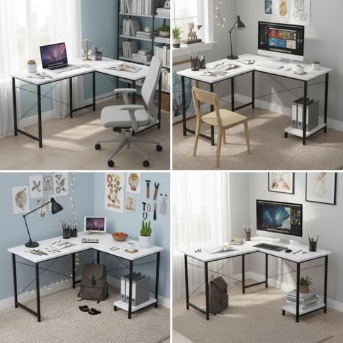 Image of RIZIK Store L-Shaped Computer Desk | 50-Inch Corner Gaming & Study Table with Engineered Wood Top, Metal Frame & CPU Shelf | Writing Workstation for Bedroom, Office & Small Rooms (White)