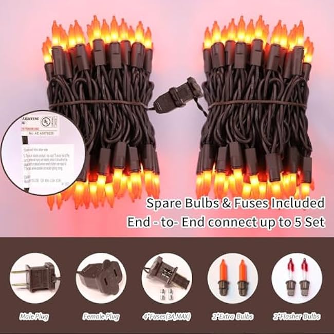 Orange Halloween Light, 100 Count 20FT String Light,120V UL Certified Orange String Lights, Plug in Brown Wire Fall Lights Waterproof for Spooky Thanksgiving Party Decor