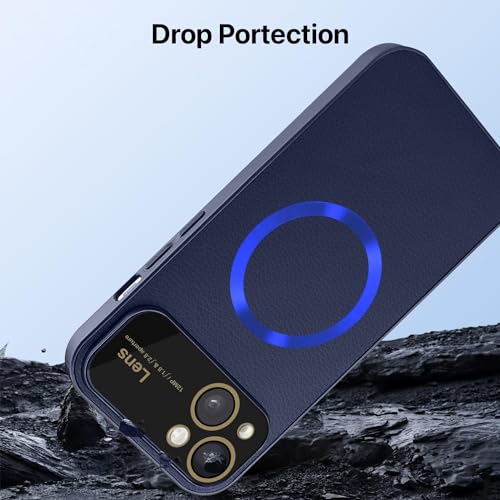 Image of Vaku Luxos Premium Polarized Leather Back Cover for iPhone 14 Texture Full Lens Protection Silicon Case Scratch Resistant Slim Thin Compatible with Mag-Safe - Blue