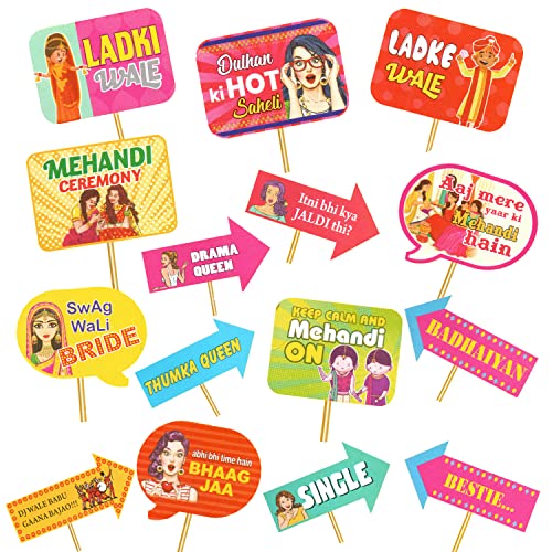 Image of Rozi Decoration Mehndi Ceremony Photobooth Props Set of 15 Sticks for The Bride and Her Family, Pre-Wedding Photographic, Haldi Mehndi Wedding Pack of 1