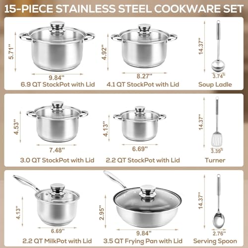 Colourcoco Stainless Steel Pan Set - 15-Piece Non Stick Pots and Pans Set with Quick Even Heating, Non Stick-Free Cookware, Induction Pan Set Oven Safe with Stay-Cool Handle - Image 2