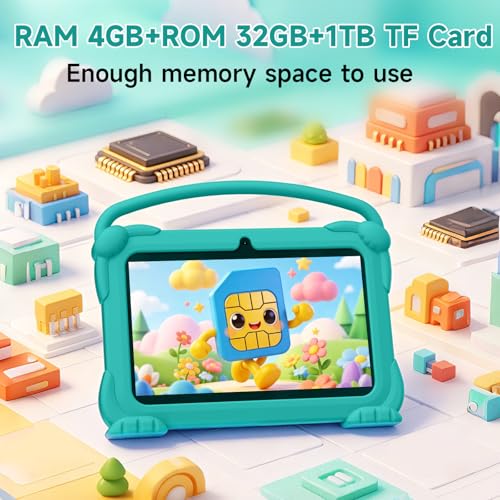 Image of YQSAVIOR Kids Tablets, Android 12 Tablet for Kids, 4GB RAM 32GB ROM Toddler Tablet 7 inch IPS Screen, Parental Control, 2+5MP Dual Camera, Shockproof Case for Educational Games (Green)