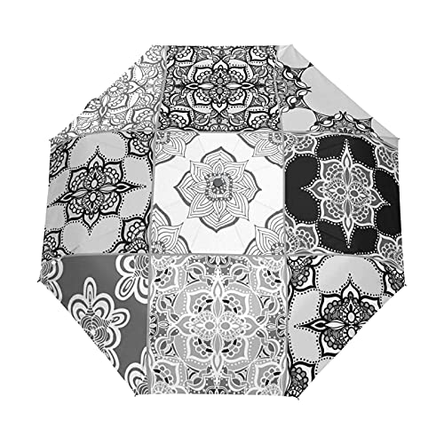 Parasol de poche haut de gamme motif tribal noir et blanc avec dôme anti-UV robuste