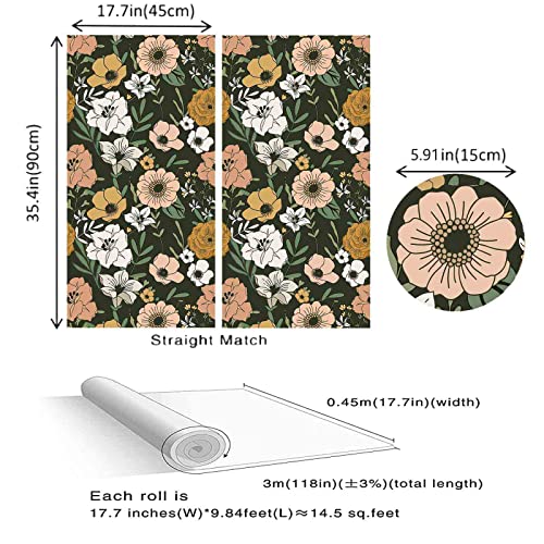 Abyssaly Vintage Floral Peel And Stick Wallpaper Boho 17.7 Inx118 In Removable Dark/Sand/Green Vinyl Self Adhesive Wallpaper Flower Wall Paper For Bedroom #TOP6