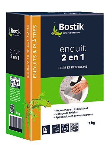 Bostik Enduit de Lissage et Rebouchage 2 en 1, Rebouchage Très Résistant jusqu'à 1cm, Lissage de Finition, En Poudre, Blanc, Boite carton 1 kg Cover