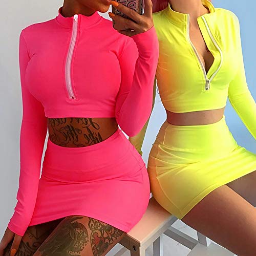 Riclena Women's Sexy Front Zipper Long Sleeve Skinny Crop Top Shorts Two Piece Set Tracksuit (Large, Green Dress) - Thumbnail 3