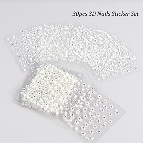 30Sheets Floral Nail Art Stickers Decals 3D Self Adhesive White Flower Designs Nail Supplies White Flower Stickers With Rhinestones Nail Decorations For Women Manicure Charms Transfer Tool Nail Wraps #TOP6