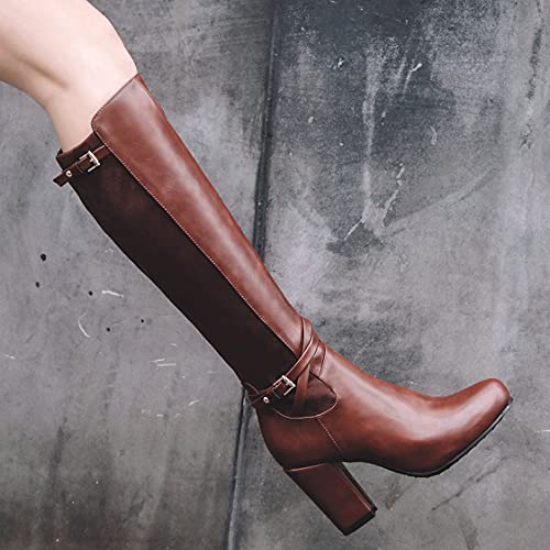 BEAUPAS Women's Knee High Boots Chunky High Heels Boots Buckle Round Toe Zip Up Block Heel Shoes3