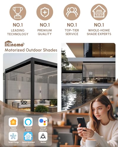 Image of Kincmo Motorized Outdoor Shades for Patio Porch, Custom Outdoor Motorized Blinds with Remote, Waterproof & Windproof Patio Shades Work with Apple Home,Alexa,Google (Texture White Grey-5% Openness)