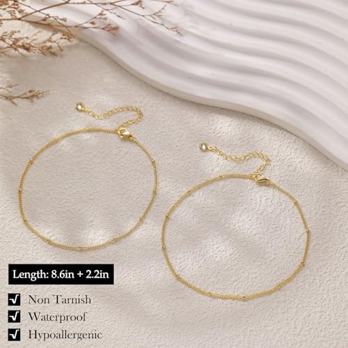 Image of FUNEIA Gold Silver Ankle Bracelets for Women Waterproof 14K Gold Plated Anklets for Women Non Tarnish Dainty Layered Beaded Heart Anklet Set Summer Beach Foot Chain Jewelry Gifts Trendy Stuff