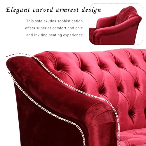 Image of Merax 3 Seater Velvet Couch Sofa with Hi-Back & Solid Wood Birch Legs, Mid-Century Modern Style Deep Seat Upholstered Couches for Living Room, Bedroom, Apartment Furniture, Wine Red