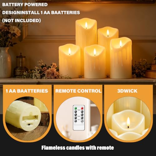 Image of Nimiko Flameless Candles with Remote, Battery Operated Flickering Flameless Candles, LED Candles with Timer 2 /4 /6 /8H, Realistic Drop Wax flameless Candle Set of 9 (D3 x H 3 inch 4 inch 5 inch 6 inch 7 inch) (Ivory)