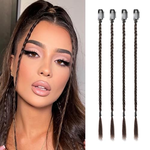 Flufymooz 4PC Braid in Hair Extension 14 Inch Clip in Braid Extensions for Women Synthetic Hairpieces for Daily Use Party Styling (Dark Chocolate Brown)