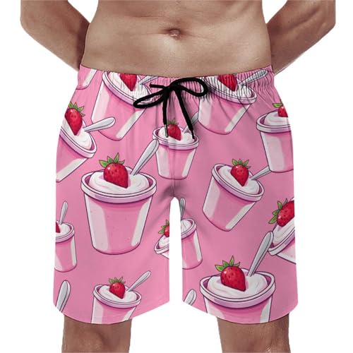 Strawberry Yogurt Men's Swim Trunks Board Shorts Beachshorts Swimsuits with Pockets Mesh Liner