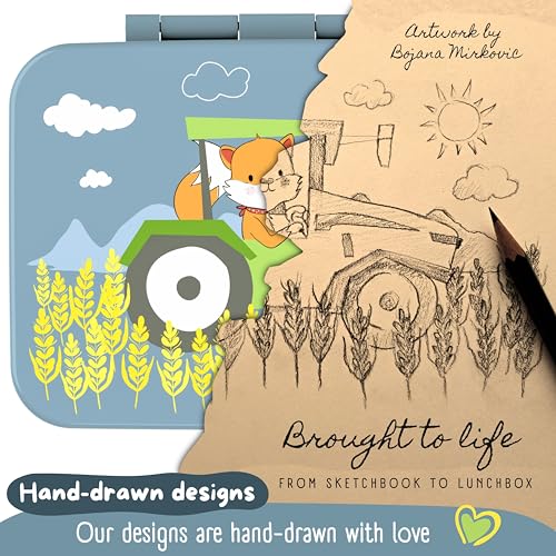 Image of BEARFOOT Kids Lunch Box with Compartments - Compact & Lightweight | Leak-Proof, BPA-Free, Dishwasher Safe | Hand-Drawn Design for Preschool, School, Travel (Tractor Fox Blue, 2.75 Cups)