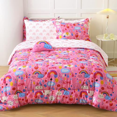 Mooreeke Kids Full Comforter Sets for Girls 8 Pieces Pink Cloud Rainbow Bedding Set for Teens Microfiber Love Heart Kids Bed in A Bag with Comforter, Sheet Set, Shams and Decorative Toy Pillow