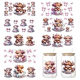 8 Sheets Bow UV DTF Cup Wrap for 16 OZ,Pink Theme Cute Transfer Stickers for Glass Cups, Funny Cow UV DTF Decal, Halloween Waterproof Rub on Transfers for Crafts