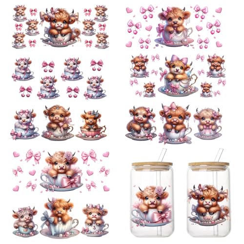8 Sheets Bow UV DTF Cup Wrap for 16 OZ,Pink Theme Cute Transfer Stickers for Glass Cups, Funny Cow UV DTF Decal, Halloween Waterproof Rub on Transfers for Crafts
