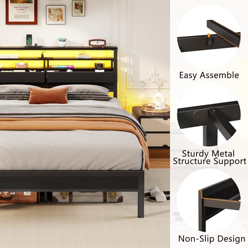 Image of Furnulem Queen Bed Frame with Headboard, Built-in Charging Station | 3-Tier Storage Shelves with LED Lights and 2 Fabric Drawers, Under Bed Storage, No Box Spring Needed, Easy Assembly