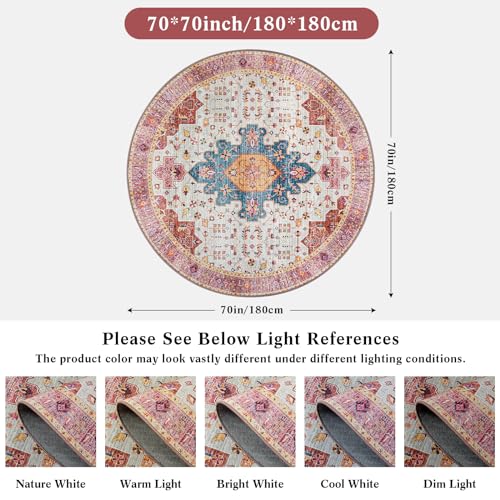 Moynesa Ultra-Thin Washable Round Rug - 6ft Pink Large Living Room Circle Area Rugs, Vintage Dining Room Mat Stain Resistant Nursery Carpet for Bedroom Mudroom Kitchen Apartment Home Office