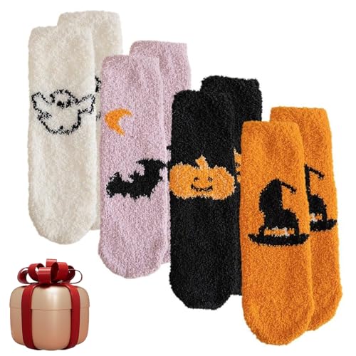 PanAcratis 4 Pair Halloween Socks Cartoon Socks Halloween Fluffy Socks Pumpkin Socks Novelty Sleeping Socks Winter Warm Supplies for Winter Festival Party Pumpkin Bat Ghost Crew Socks