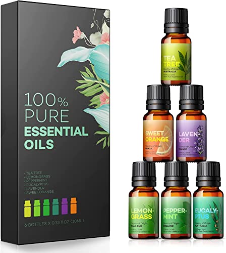 AOSNO Essential Oils 6pc Gift Set Top 6*10 ml Essential Oils for Aromatherapy, Candle Making, Skin, Massage, Hair Care & Diffuser 100% Pure Diffuser Oil Aromatherapy Oils Gift Set for Home Office