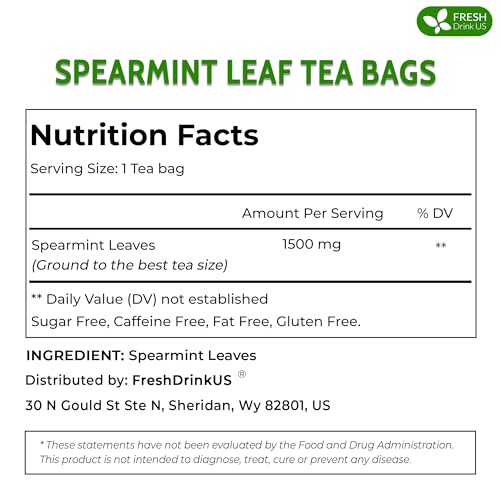 Image of FreshDrinkUS, Premium 135 Spearmint Tea Bags, 100% Natural & Pure from Spearmint Leaves. Loose Leaf Spearmint Herbal Tea. Made with Natural Material Tea Bags. No Sugar, No Caffeine, No Gluten, Vegan.