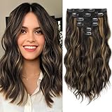 KooKaStyle Short Hair Extensions 6PCS 14 Inch Wavy Curly Hairpieces Synthetic Soft Lace Weft Clip in Hair Extensions-Balayage Dark Brown to Chestnut for Women