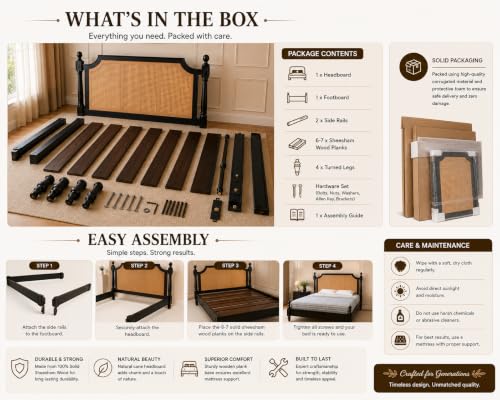 Image of Solid Sheesham Wood Poster King Size Poster Honeymoon Bed Without Storage with Designer Piller and Cane Crafting