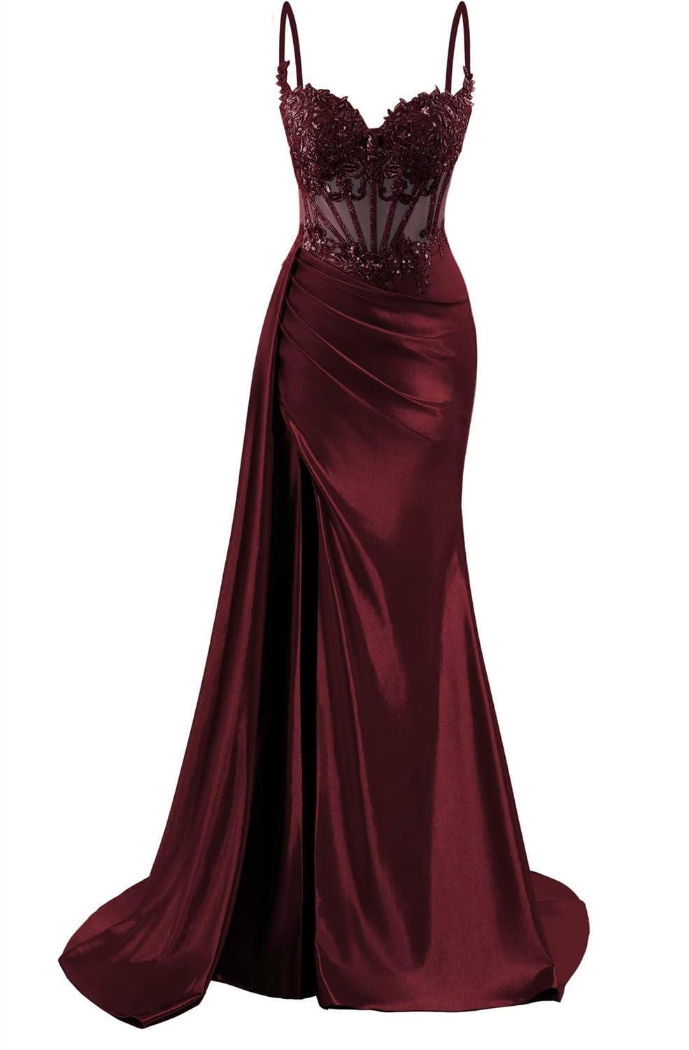 KIYNE Vestido de fiesta de satén con tirantes delgados, con abertura y apliques de encaje, vestido de fiesta formal, corsé
