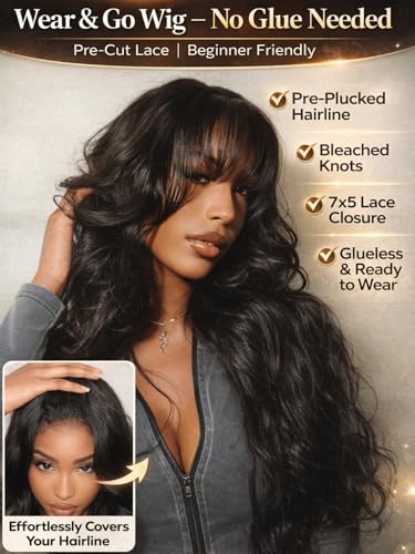 Image of UNICE Body Wave Human Hair Wig with Wispy Bangs, Glueless 7x5 Lace Front Wig Pre Cut Pre Plucked Bleached Knots, Beginner Friendly Ready to Wear Drawstring Wig, Natural Black 180% Density 16 inch