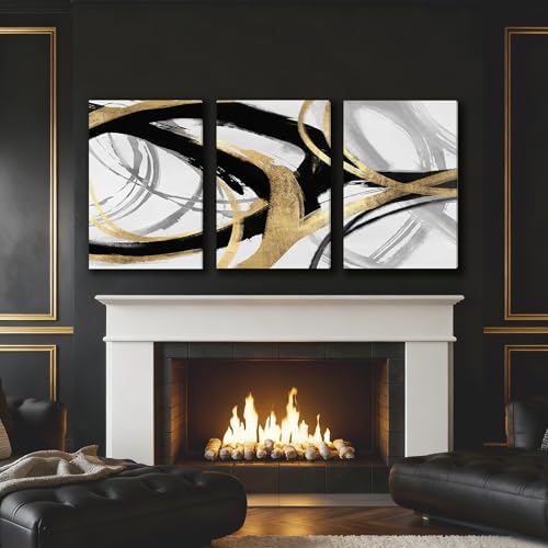 Image of DUWQU Triptych Black Gold White abstract Lines Canvas Wall Art 20x30 in x3 | Wooden frame, UV-resistant ink, Giclee printing process, Pre-installed hooks make it easy to hang home or office wall decor