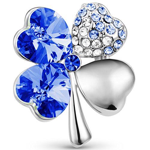 Sweetiee Silver Crystal Four Leaf Clover Brooch, Lucky Brooches Pins for Women, Vintage Jewellery