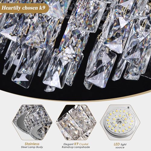 24 inch Crystal Black Ceiling-Light Flush Mount with Remote and APP Control, 3CCT Dimmable & Brightness Adjustable, Modern Crystal Raindrop Chandeliers for Bedroom Hallway Dinning Room Living Room by COCOSTAR - Image 6
