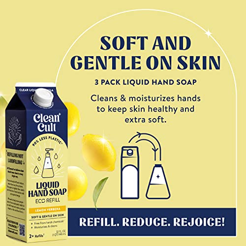 Cleancult Liquid Hand Soap Refills (32Oz, 3 Pack) - Hand Soap That Nourishes & Moisturizes - Liquid Soap Free Of Harsh Chemicals - Paper Based Eco Refill, Uses 90% Less Plastic - Lemon Verbena #TOP1