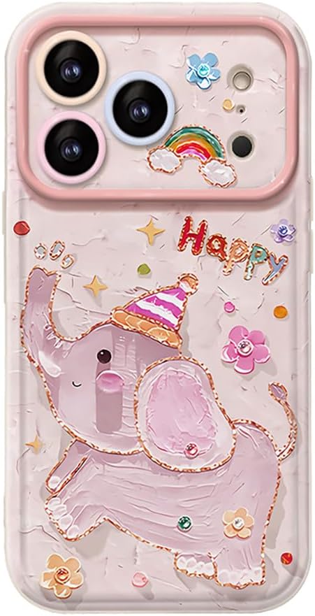 FLIRACON Cute Cartoon Elephant Large Window Camera Lens Protector Flip Cover Mirror Phone Case Compatible with iPhone Case(Pink,for iPhone 16)