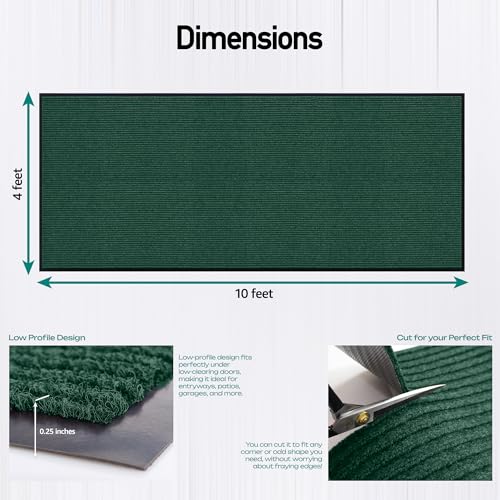 Image of Durable Rubber Door Mat - Heavy Duty, Indoor /Outdoor, Easy Clean, Waterproof, Low-Profile Mat for Entry, Patio, Garage - Stylish (Green, 10' x 4' (Mud Trapper))