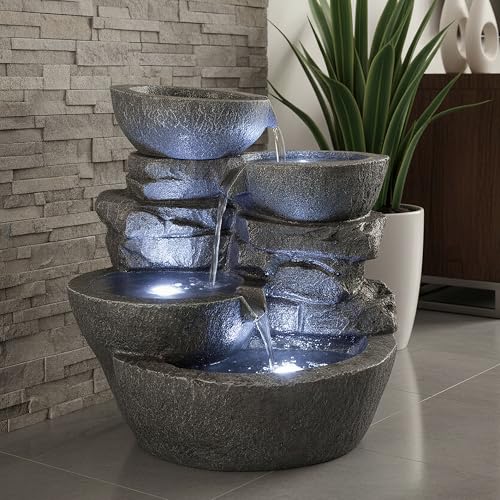 Zimmerbrunnen groß mit LED Beleuchtung Gartenbrunnen Innen und Außen Springbrunnen Wasserfall Balkon Deko Grautöne/Steinimitation