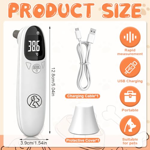 XPJBKC Ohrthermometer Hund, Fieberthermometer Hund, Digital Haustier Thermometer mit Led-Anzeige, Tragbares Fiebermesser Ohr für Hunde und Katzen, Hunde Fieberthermometer mit Speichermodus