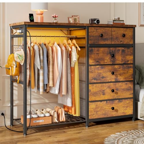 EnHomee 49.2" W Dresser with Hanging Rack & 6 Fabric