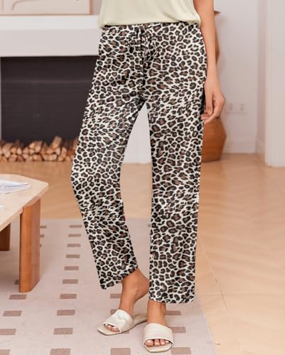 Image of Ekouaer Pajama Sets for Women Round Neck Pjs Short Sleeve Sleepwear with Long Pants Loose Lounge Sets Apricot Leopard XX-Large
