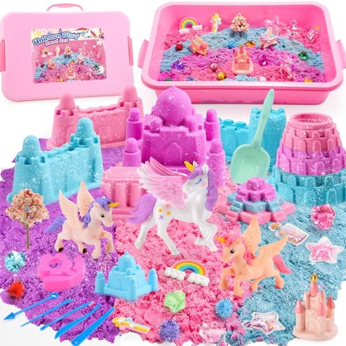 Geebiiny Sable Magique Coloré Enfant, Sable Jouet Tricolore 900g, Licornes Cadeau de Jouets pour Enfant, Livré avec une Boîte de Rangement Portable (Licorne)