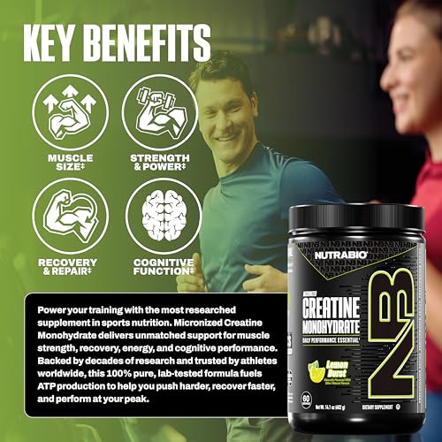 Image of NutraBio Pure Micronized Creatine Monohydrate Powder Supplement, Lemon Burst, (300 g) - Supports Bulk Muscle Energy, Recovery, and Strength - HPLC Tested Creatine Powder Supplement for Men and Women