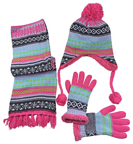 Image of N'Ice Caps Kids Hat Glove Scarf Girls 3 Piece Winter Knit Set Sherpa Lined