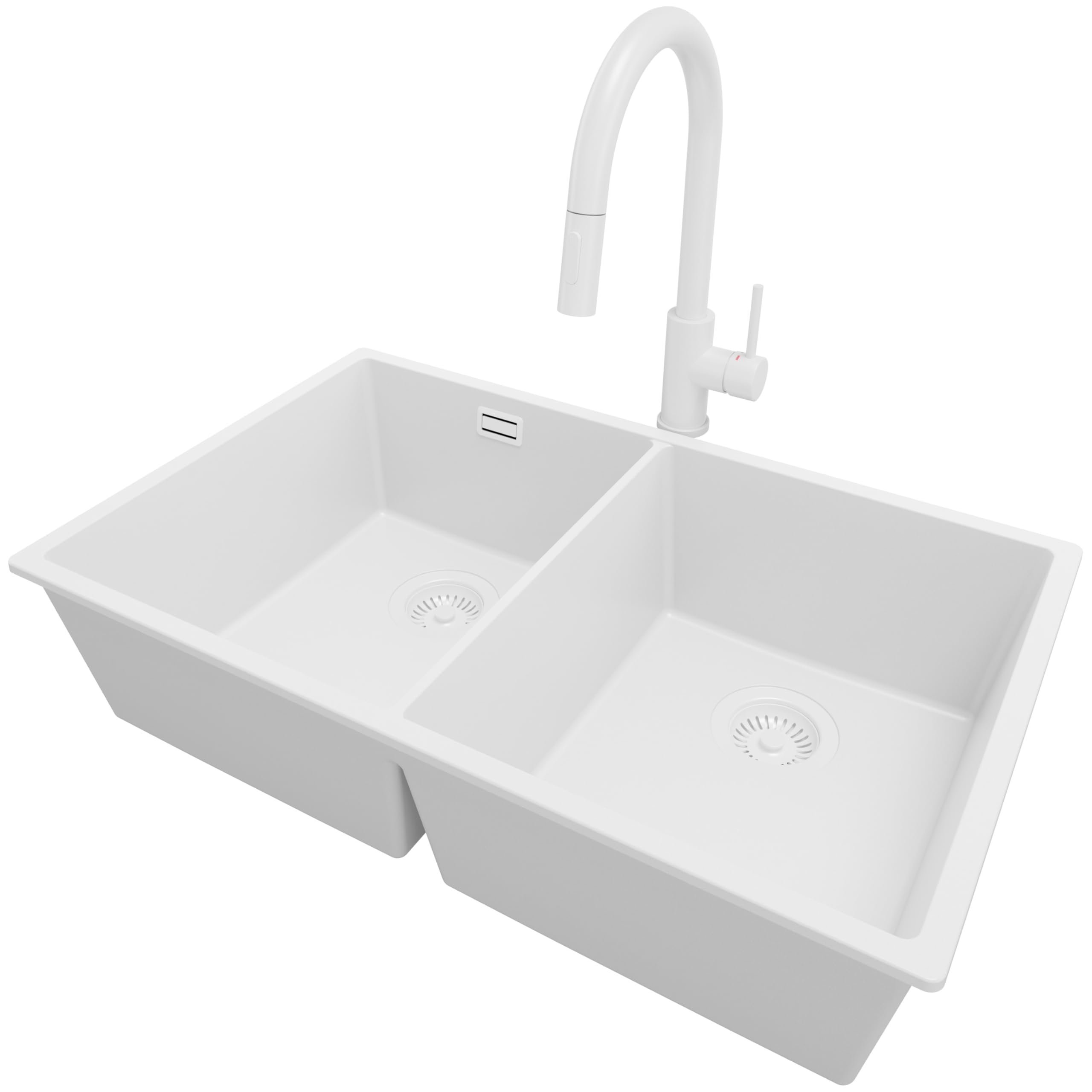 PRIMAGRAN Fregadero bajo Encimera Todo Blanco 76x47cm, Granito 2 Senos + Grifo 40x20cm + Sifón, Cocina al Mueble 80cm - London Twin S022