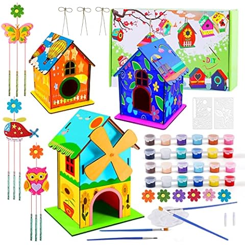 Editbar DIY Holz Vogelhaus Bausatz Vogelhaus zum Bemalen für Kinder DIY Holz Vogelfutterspender DIY Hängend Handwerk Vogel Haus für Kinder Geburtstag Ostern (Farben & Pinsel & Inklusive) Cover