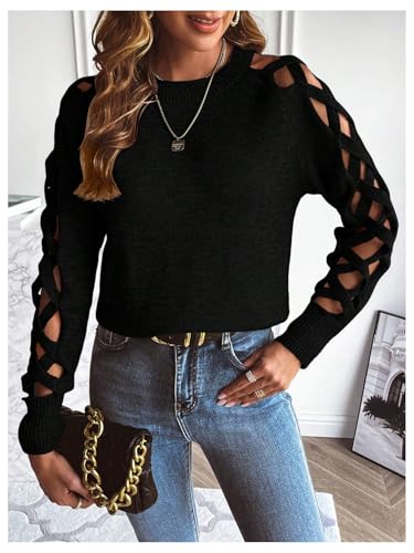 SweatyRocks Women's Criss Cross Cut Out Sleeve Round Neck Hollow Out Knit Sweater Tops4